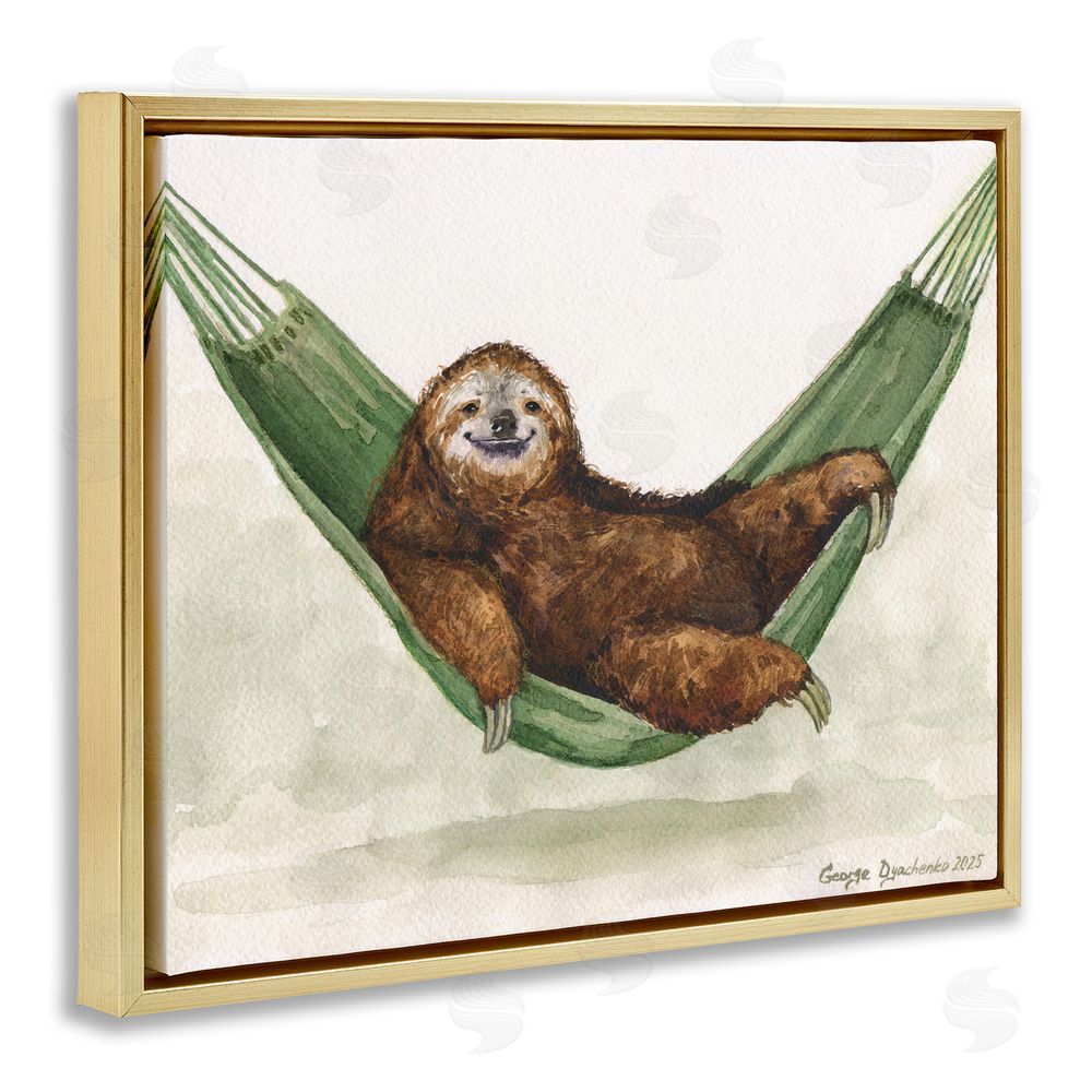 George Dyachenko Sloth On The Hammock Gold Floating Framed Canvas Wall Art Print