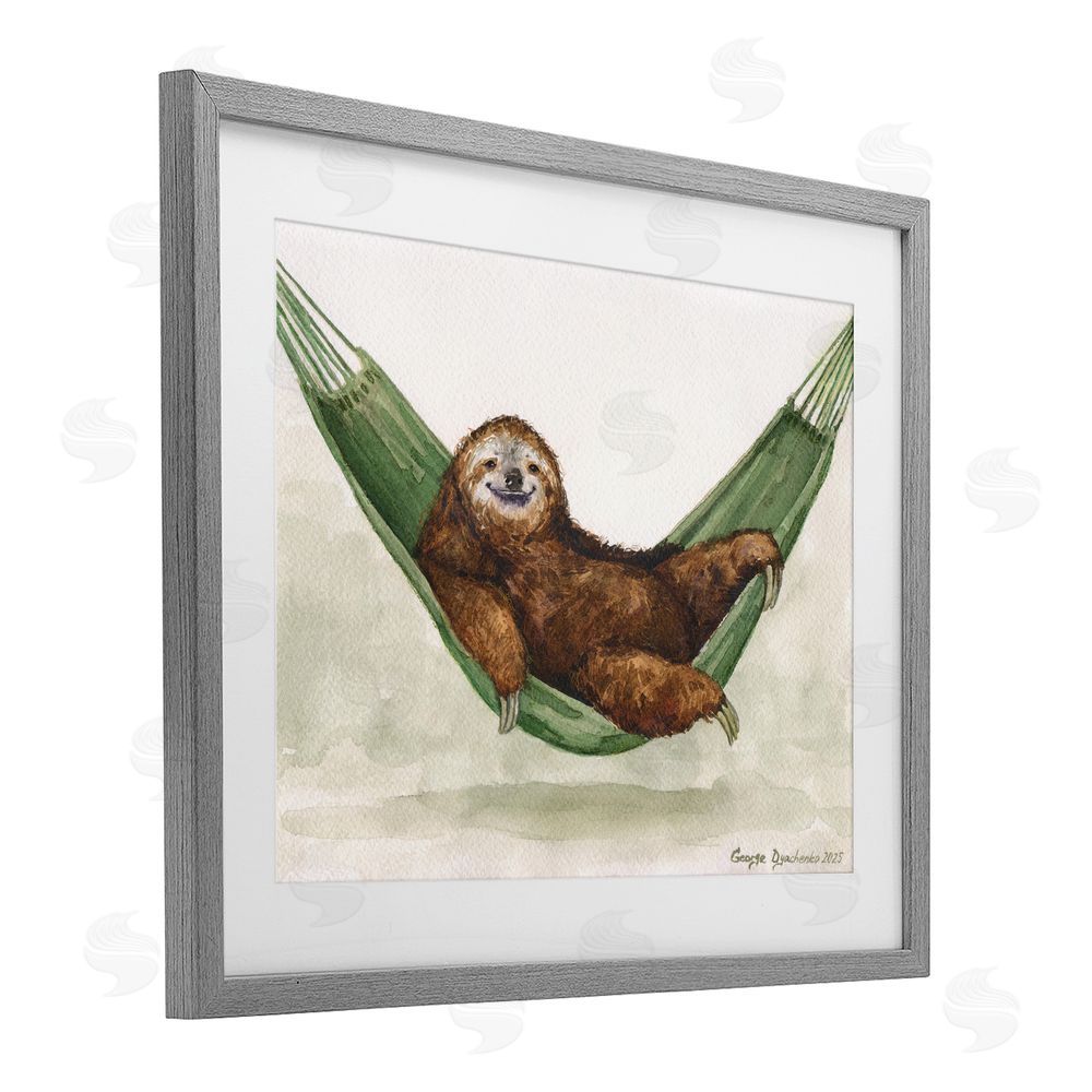 George Dyachenko Sloth On The Hammock Gray Framed Print Under Glass with White Mat Wall Art