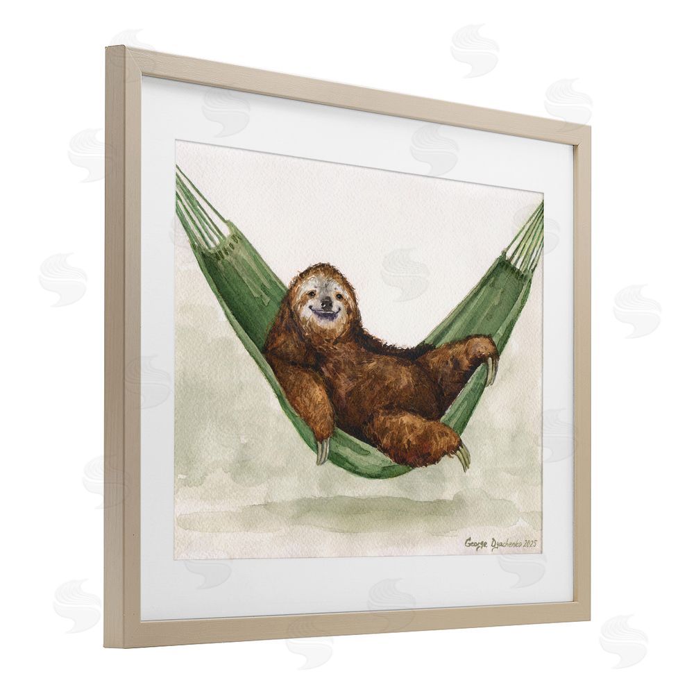 George Dyachenko Sloth On The Hammock Brown Framed Print Under Glass with White Mat Wall Art