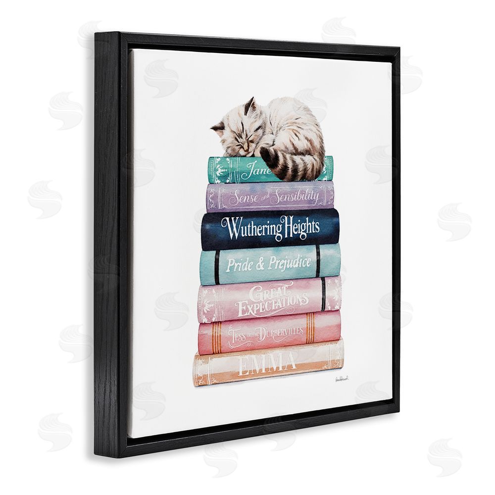 Amanda Greenwood Sleeping Cat Atop Books Black Floating Framed Canvas Wall Art Print
