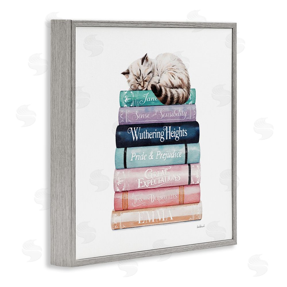 Amanda Greenwood Sleeping Cat Atop Books Gray Framed Giclee Wall Art Print