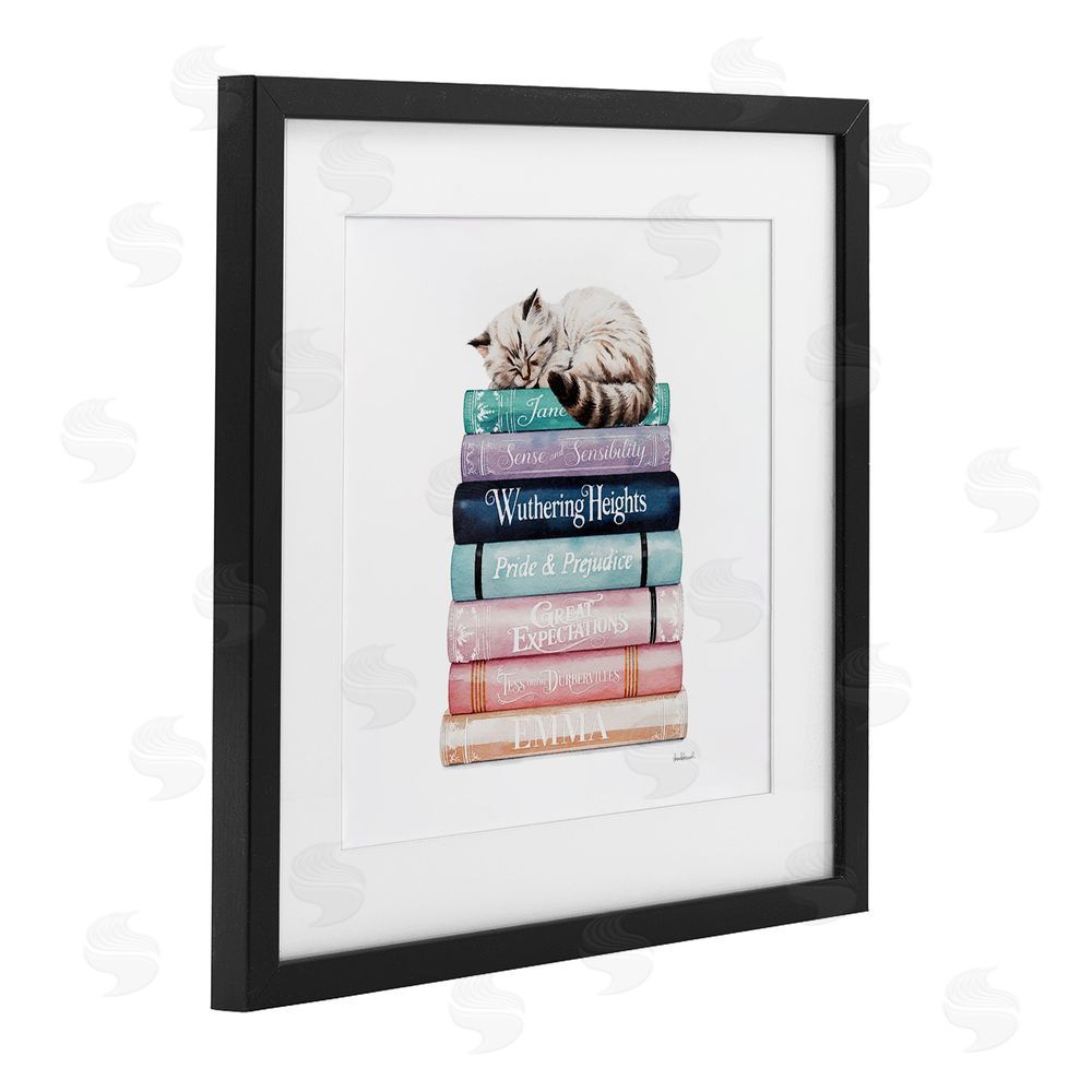 Amanda Greenwood Sleeping Cat Atop Books Black Framed Print Under Glass with White Mat Wall Art