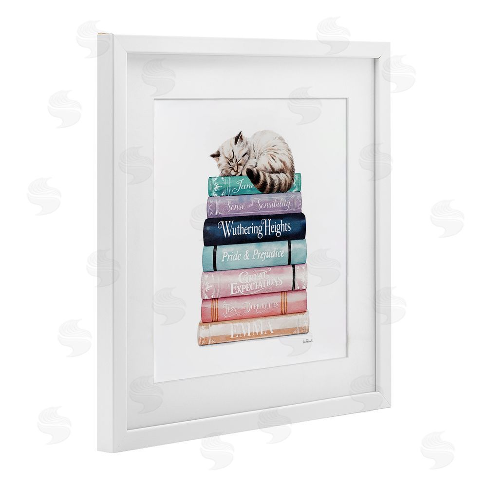 Amanda Greenwood Sleeping Cat Atop Books White Framed Print Under Glass with White Mat Wall Art