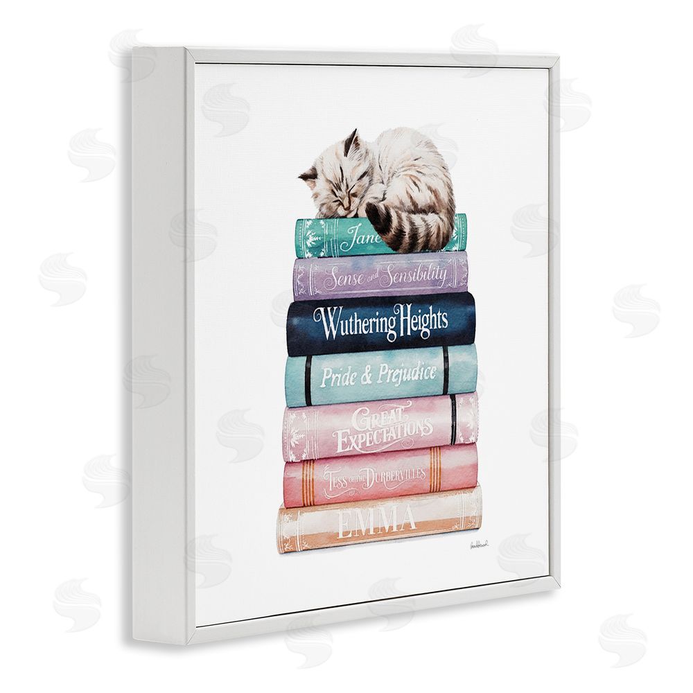 Amanda Greenwood Sleeping Cat Atop Books White Framed Giclee Wall Art Print