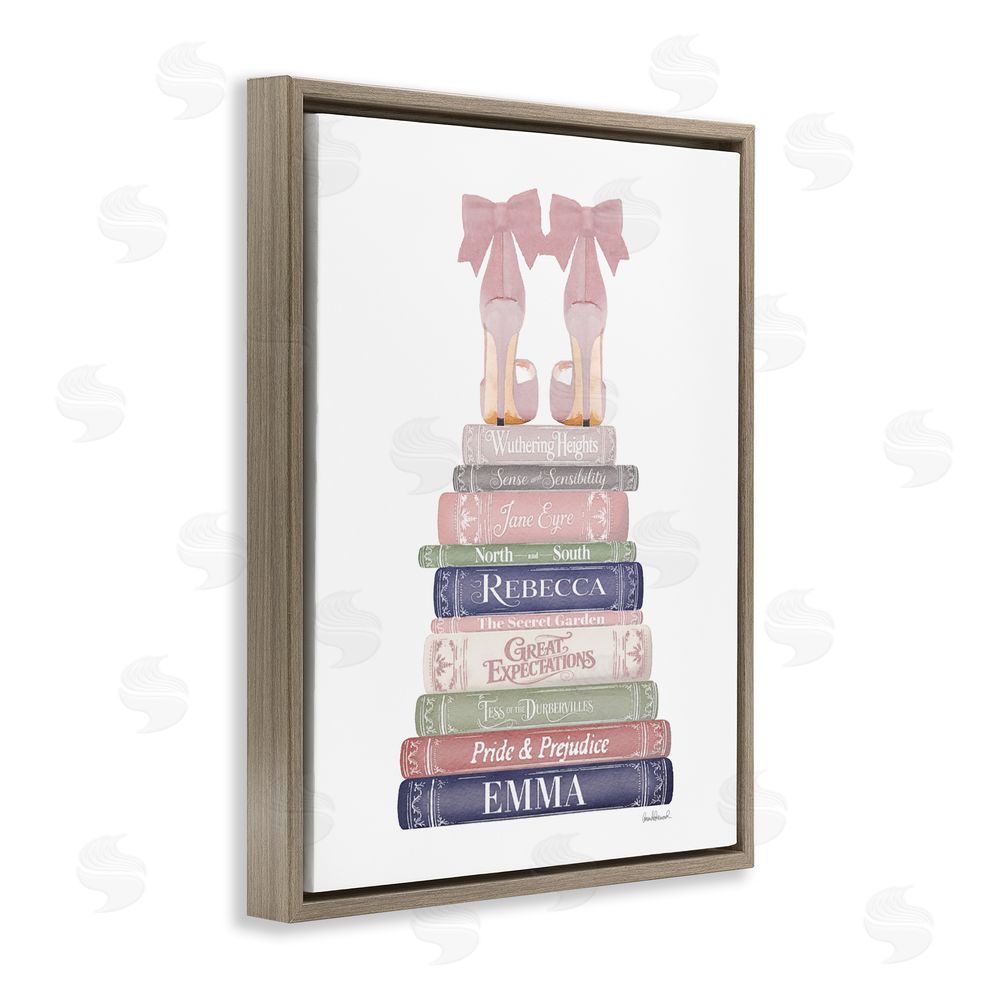 Amanda Greenwood Heels Atop Classic Books Brown Floating Framed Canvas Wall Art