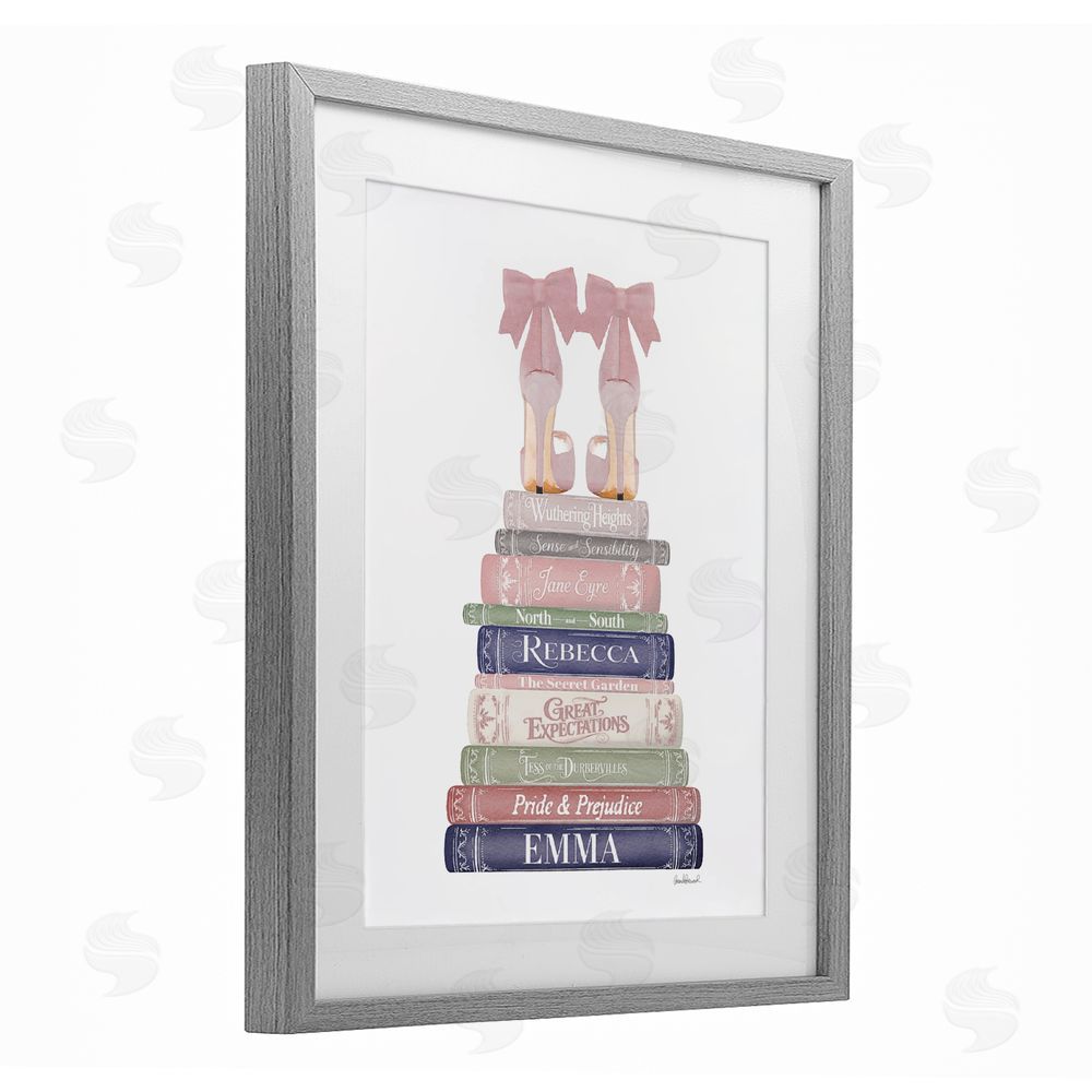 Amanda Greenwood Heels Atop Classic Books Gray Framed Print Under Glass Wall Art