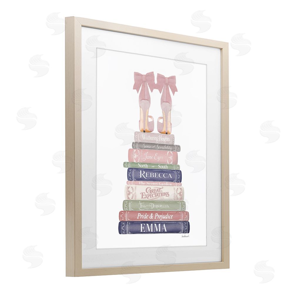 Amanda Greenwood Heels Atop Classic Books Brown Framed Print Under Glass Wall Art