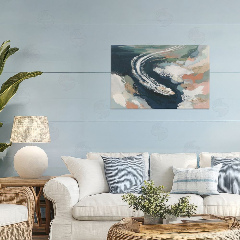 Chromatic Storm Studio Boat Wake From Above Stretched Canvas Wall Art Print in Room