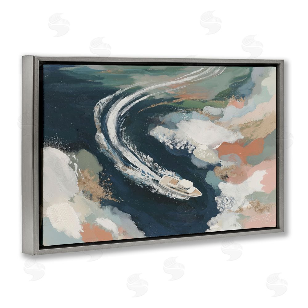 Chromatic Storm Studio Boat Wake From Above Gray Floating Frame Stretched Canvas Wall Art Print