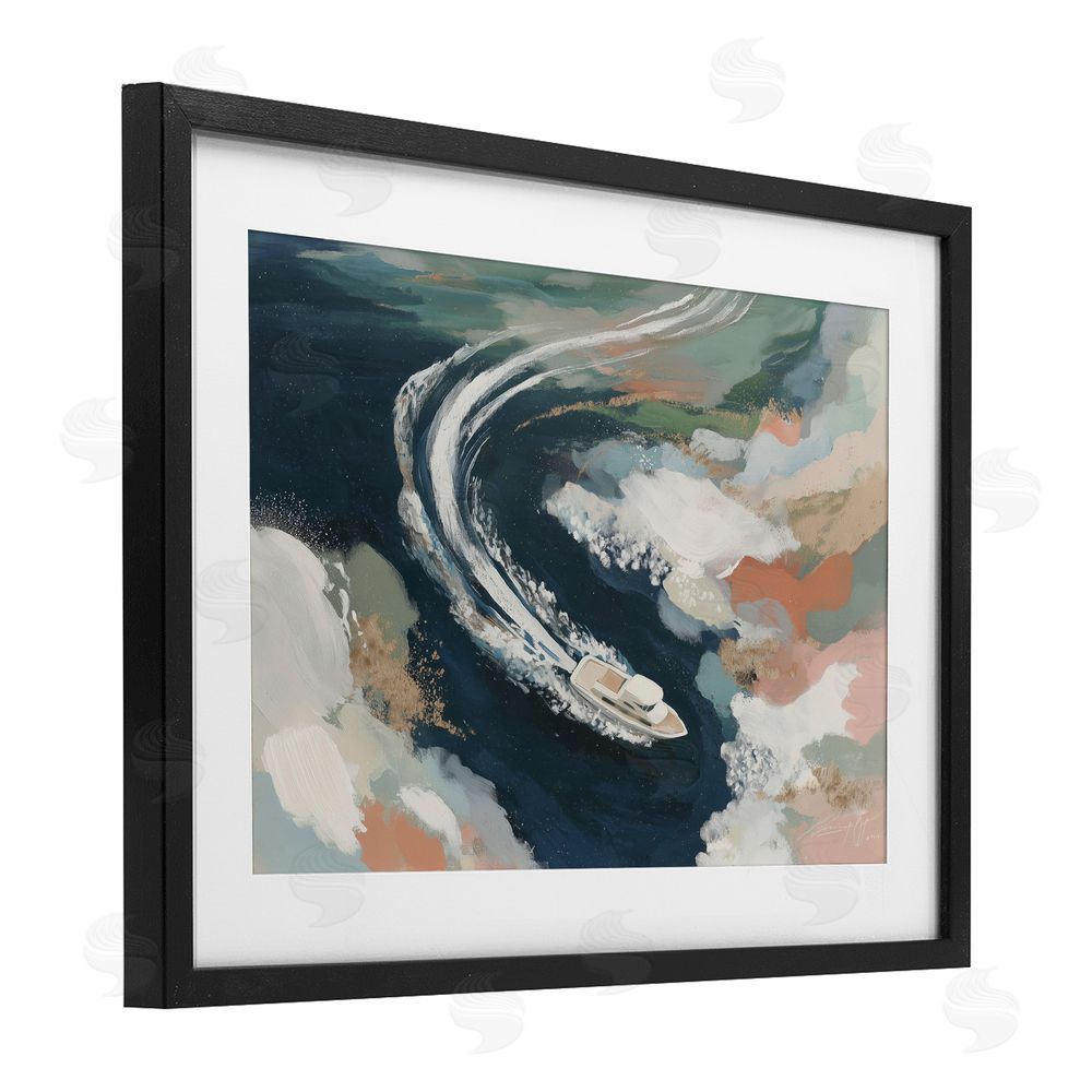 Chromatic Storm Studio Boat Wake From Above Black Framed Print Under Glass with Matting Wall Art