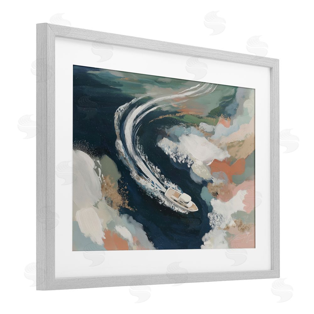Chromatic Storm Studio Boat Wake From Above Gray Framed Print Under Glass with Matting Wall Art