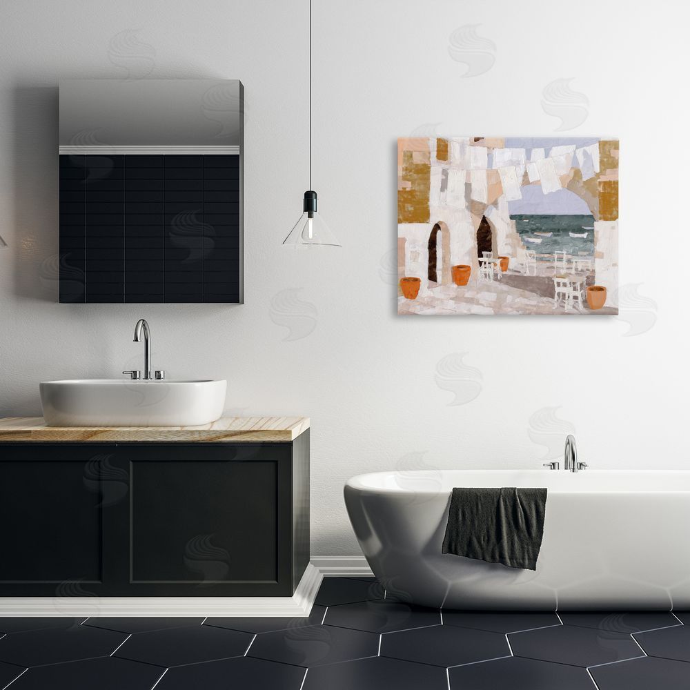 Chromatic Storm Studio Coastal Village Plaza Laundry Stretched Canvas Wall Art in Room