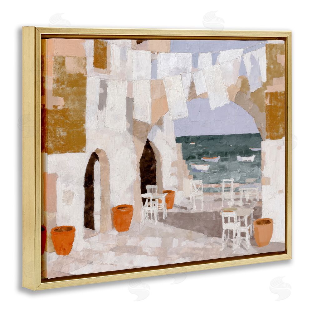 Chromatic Storm Studio Coastal Village Plaza Laundry Gold Floating Frame Canvas Wall Art Print