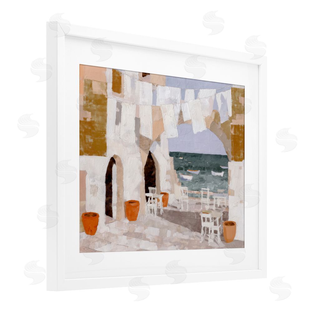Chromatic Storm Studio Coastal Village Plaza Laundry White Framed Print Under Glass Wall Art