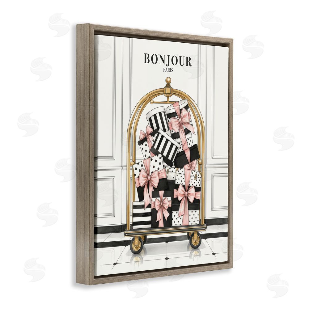 A Barefoot Stylist Bonjour Paris Shopping Luggage Brown Floating Frame Canvas Wall Art Print