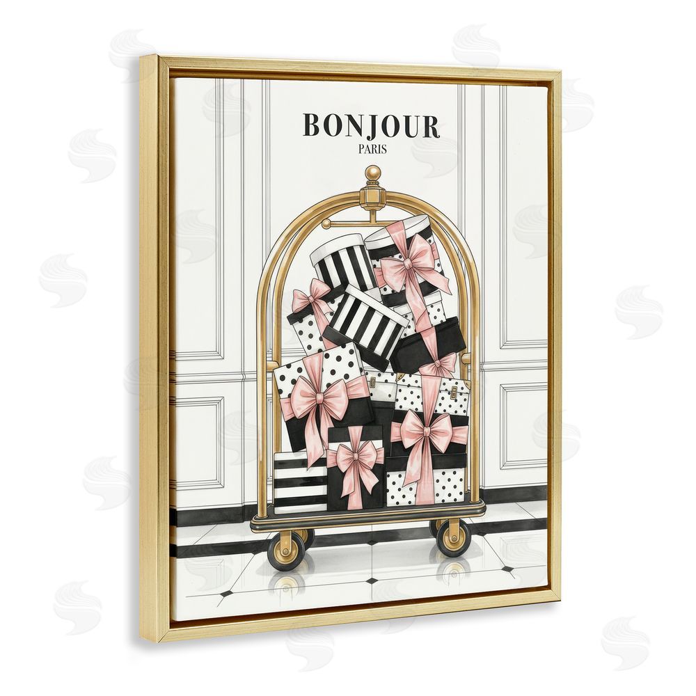 A Barefoot Stylist Bonjour Paris Shopping Luggage Gold Floating Frame Canvas Wall Art Print