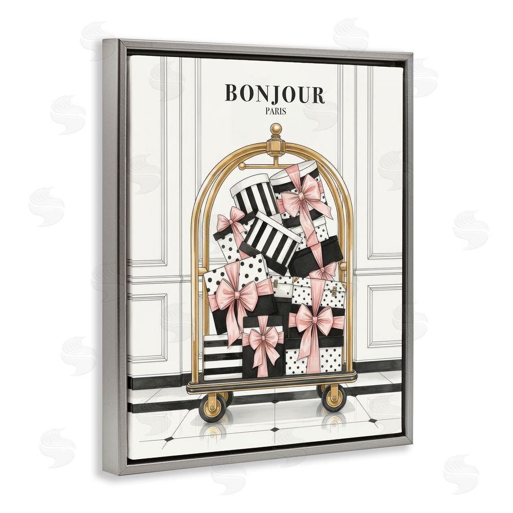 A Barefoot Stylist Bonjour Paris Shopping Luggage Gray Floating Frame Canvas Wall Art Print