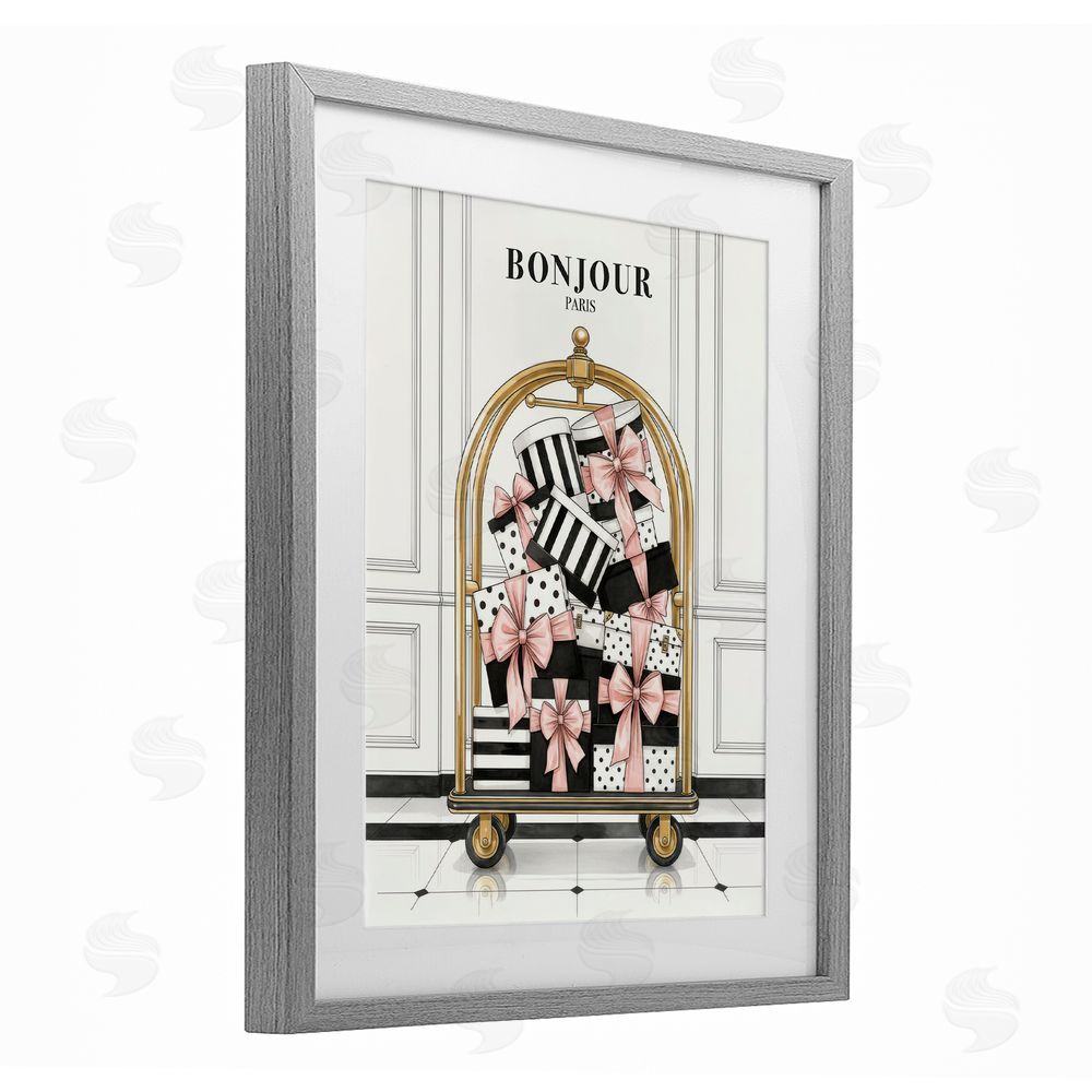 A Barefoot Stylist Bonjour Paris Shopping Luggage Gray Framed Print Under Glass Wall Art