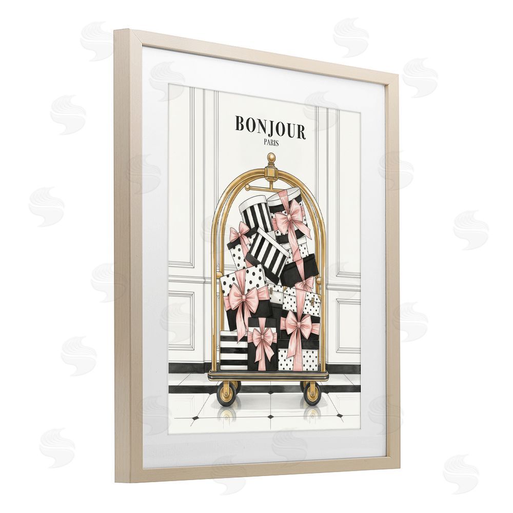 A Barefoot Stylist Bonjour Paris Shopping Luggage Brown Framed Print Under Glass Wall Art