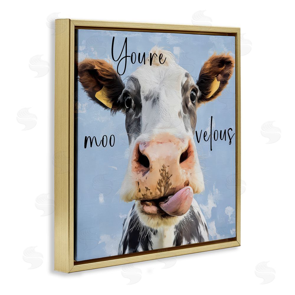 Kim Curinga You're Moo-velous Cow Gold Floating Framed Canvas Wall Art Print