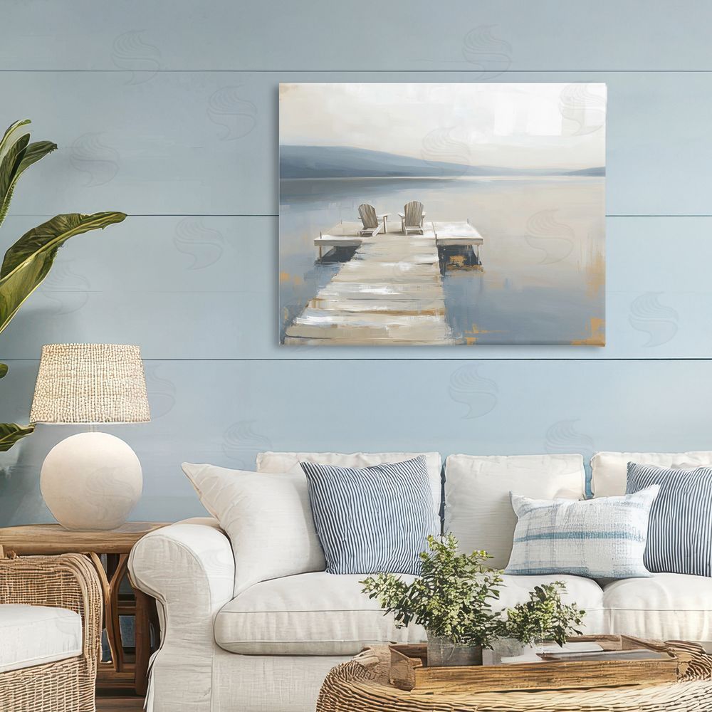 Kim Curinga Adirondack Chairs on Pier Stretched Canvas Wall Art Print in Room