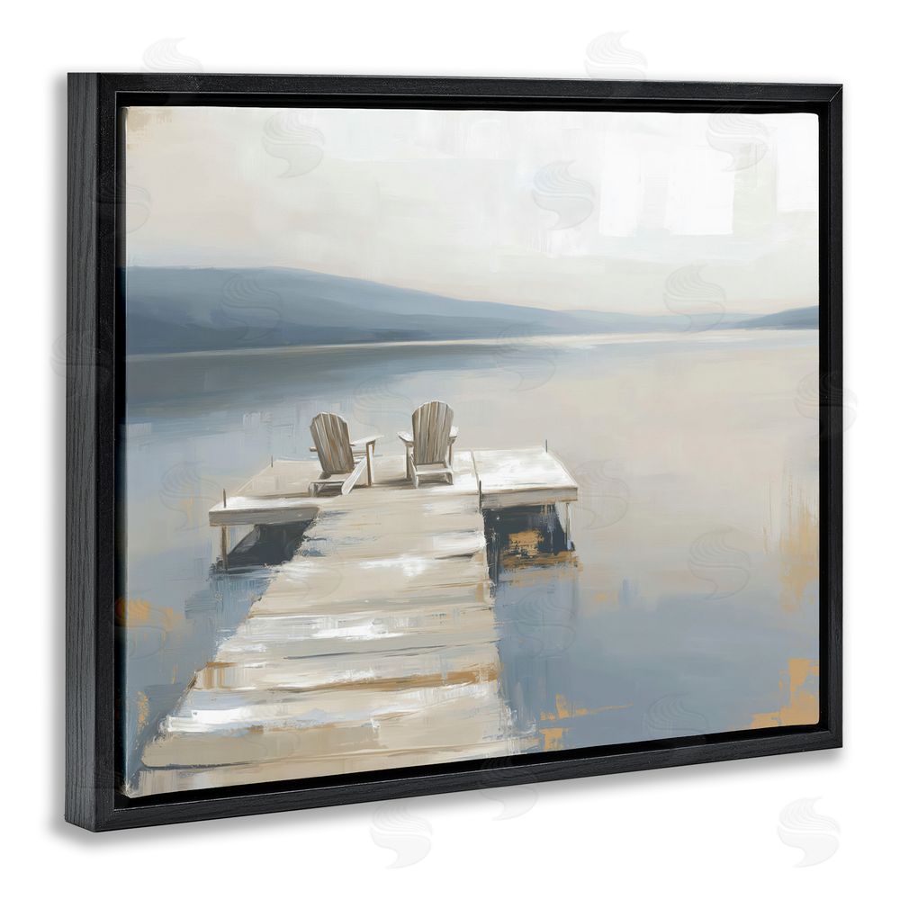 Kim Curinga Adirondack Chairs on Pier Black Floating Frame Stretched Canvas Wall Art Print
