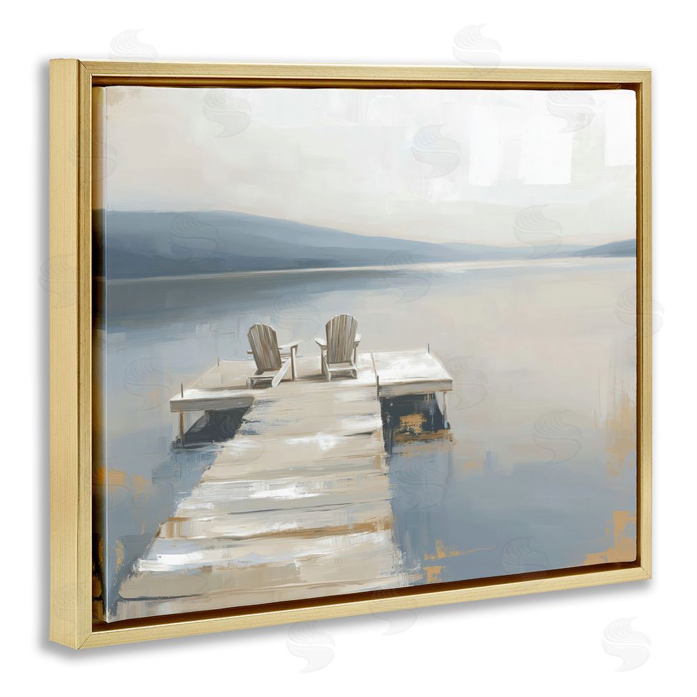 Kim Curinga Adirondack Chairs on Pier Gold Floating Frame Stretched Canvas Wall Art Print