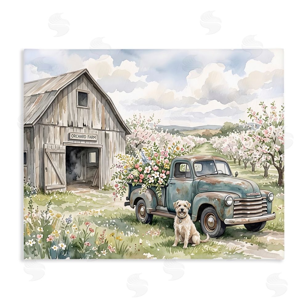 Tabz Jones Spring Orchard and Truck Stretched Canvas Wall Art Print