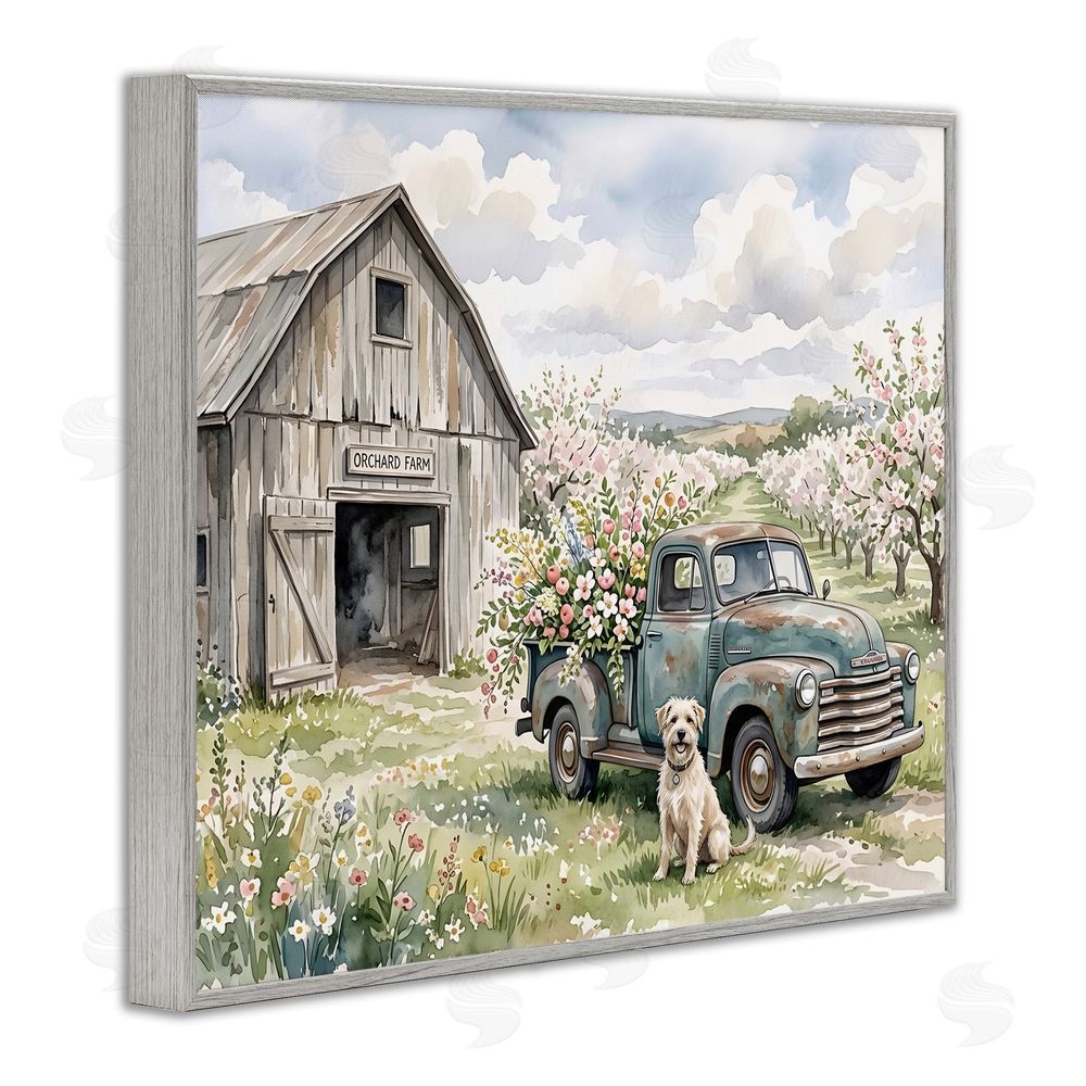 Tabz Jones Spring Orchard and Truck Gray Framed Giclee Wall Art Print