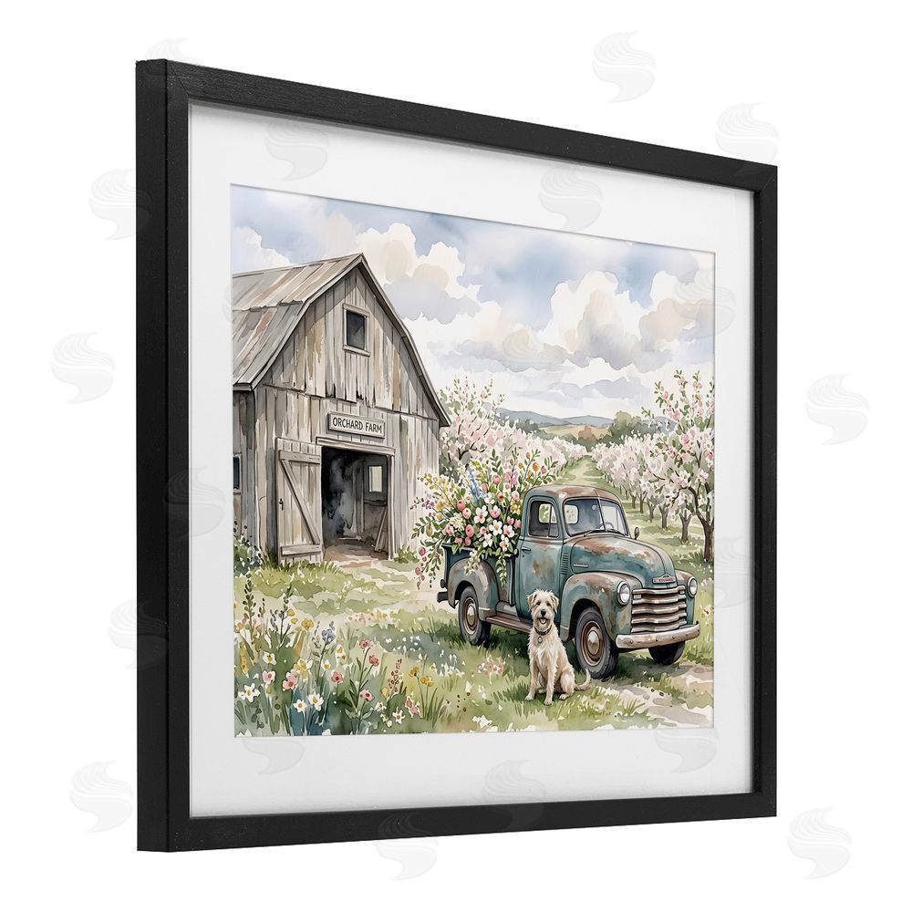 Tabz Jones Spring Orchard and Truck Black Framed Print Under Glass with White Mat Wall Art