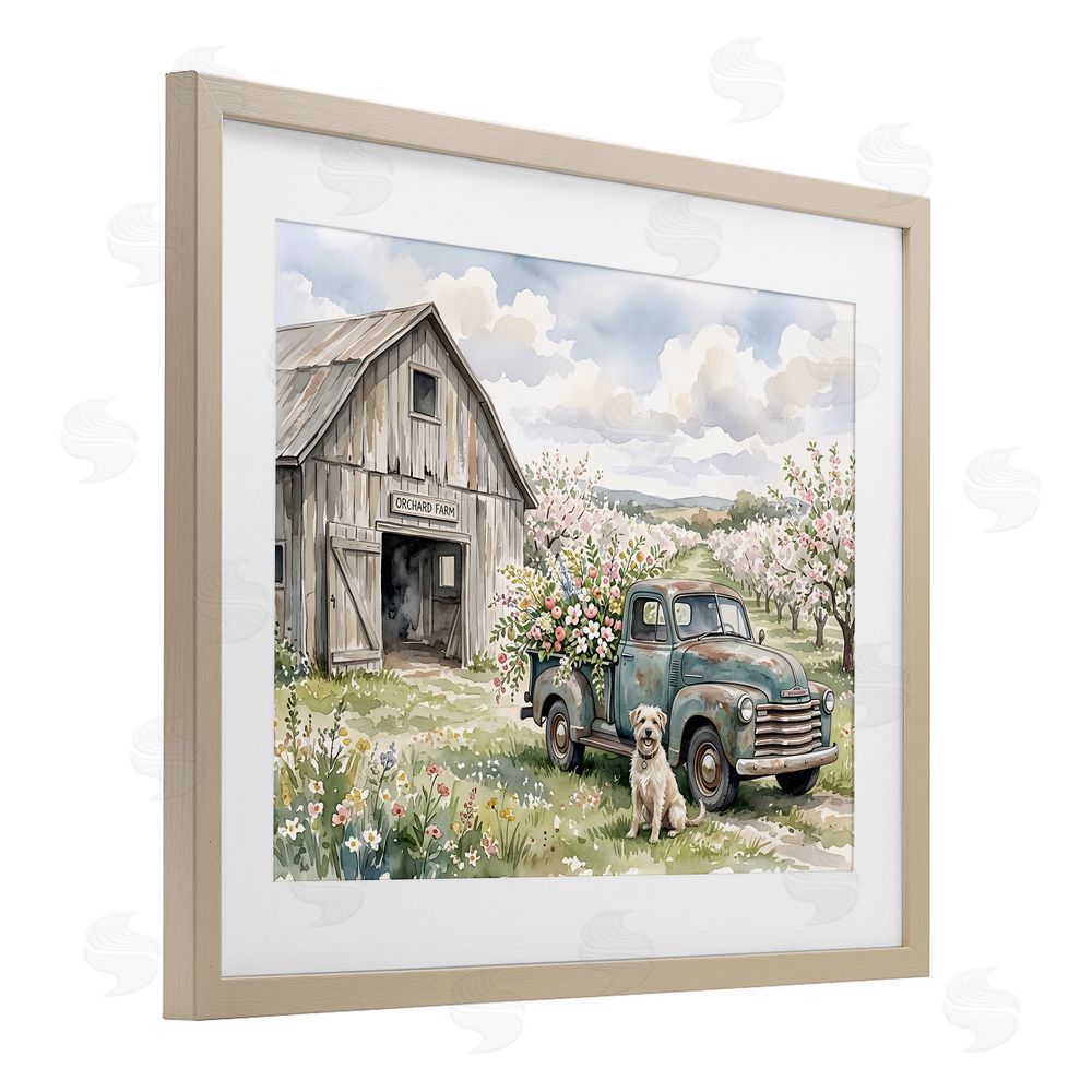 Tabz Jones Spring Orchard and Truck Brown Framed Print Under Glass with White Mat Wall Art