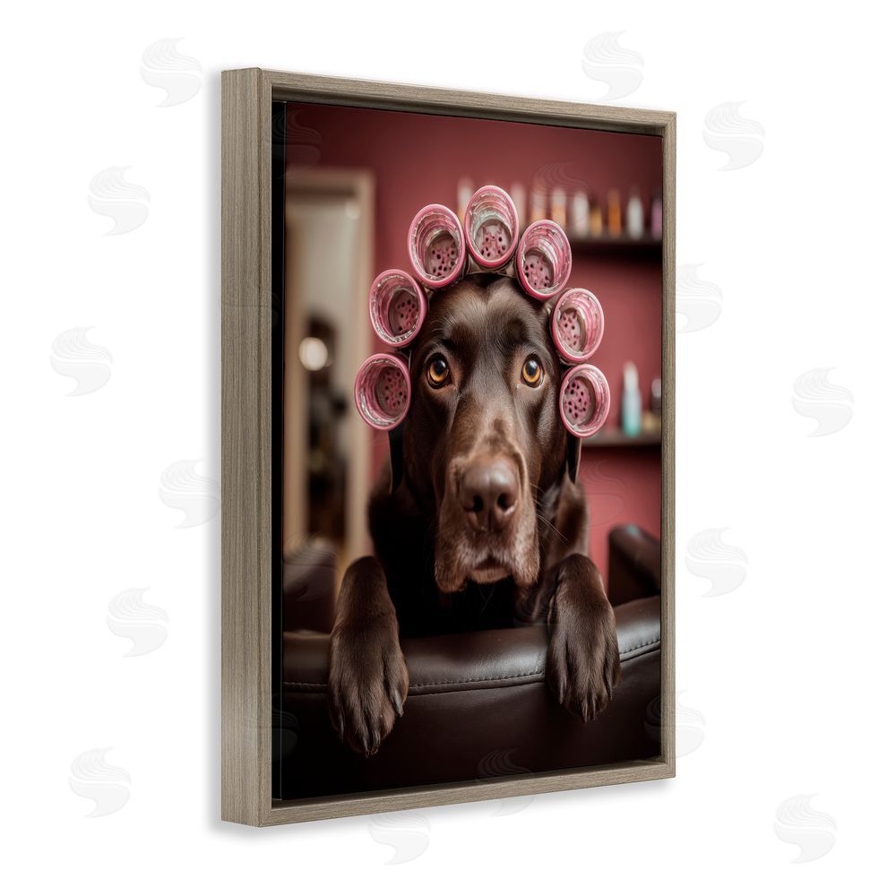 Scott Stulberg Dog at Salon with Curlers Brown Floating Frame Canvas Wall Art Print