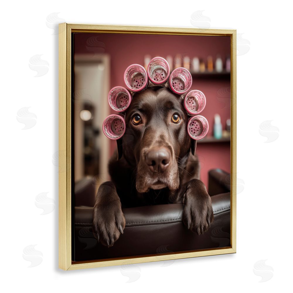 Scott Stulberg Dog at Salon with Curlers Gold Floating Frame Canvas Wall Art Print