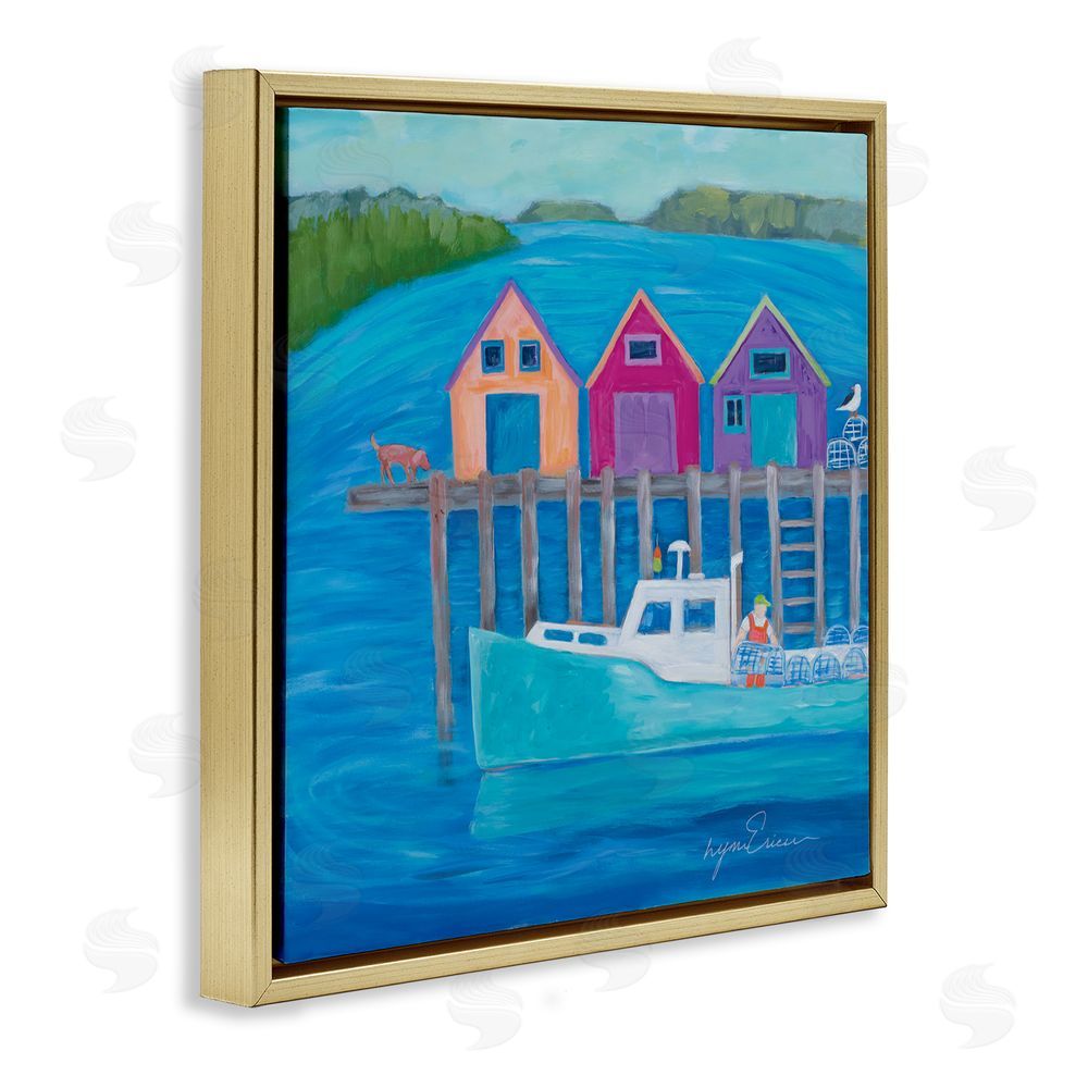 Lynn Ericson Fine Art Work Day at Seaside Village Gold Floating Framed Canvas Wall Art Print