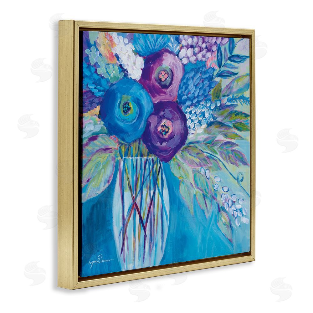 Lynn Ericson Fine Art True Blue Flower Bouquet Gold Floating Framed Canvas Wall Art Print