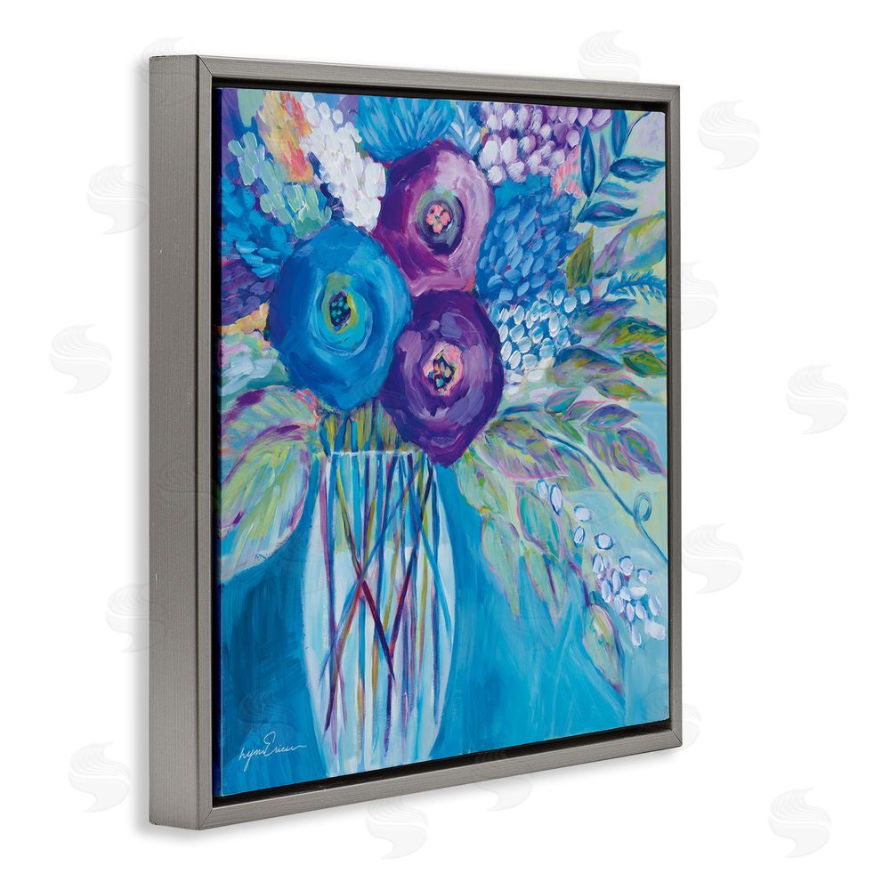 Lynn Ericson Fine Art True Blue Flower Bouquet Gray Floating Framed Canvas Wall Art Print