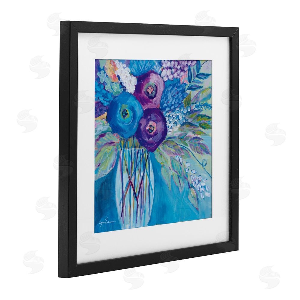 Lynn Ericson Fine Art True Blue Flower Bouquet Black Framed Print Under Glass with White Mat Wall Art