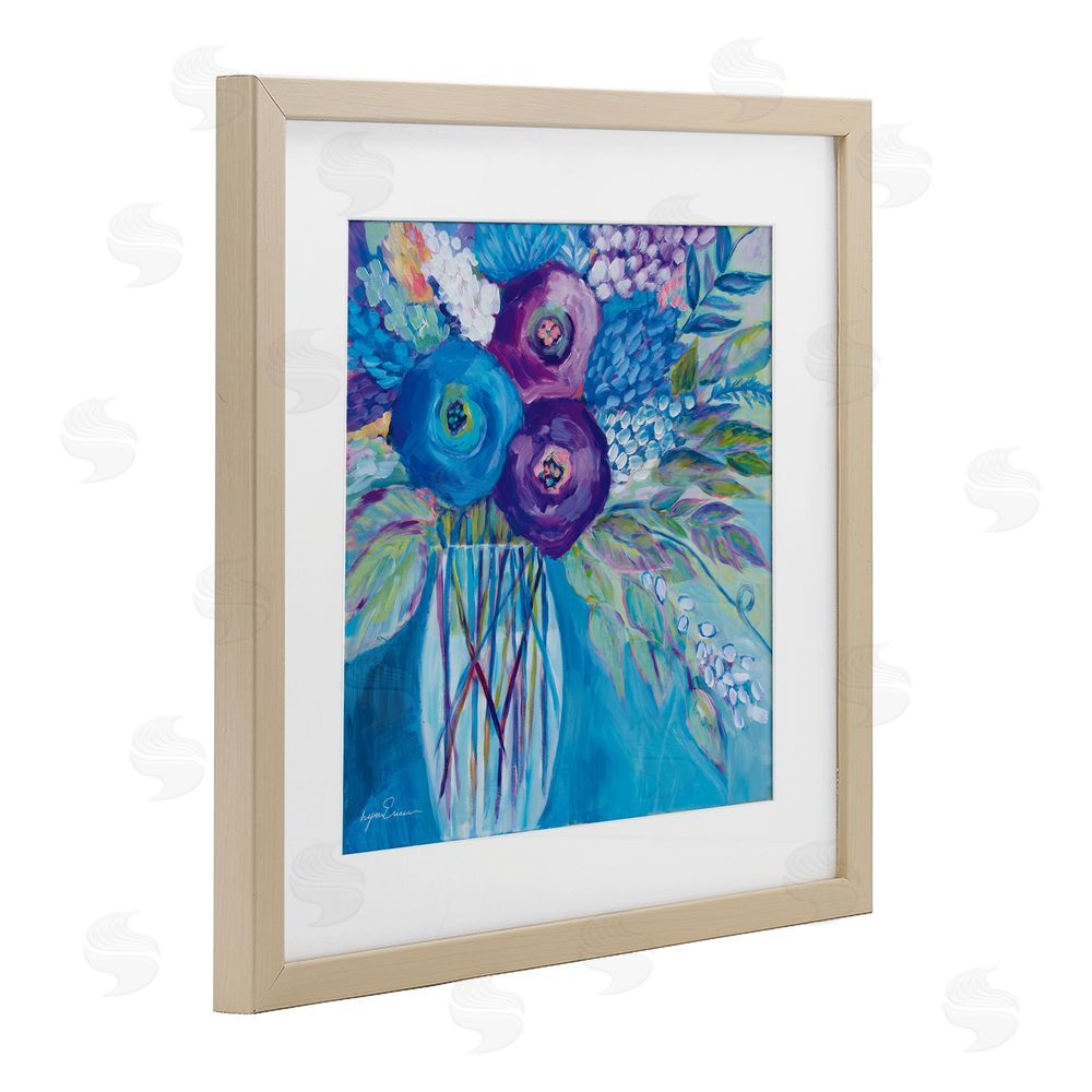 Lynn Ericson Fine Art True Blue Flower Bouquet Brown Framed Print Under Glass with White Mat Wall Art
