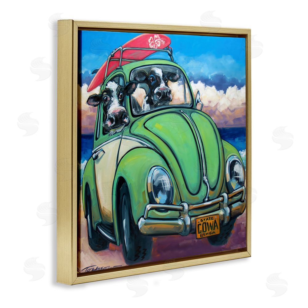 CR Townsend Cowabunga Surfer Cows Gold Floating Frame Canvas Wall Art Print