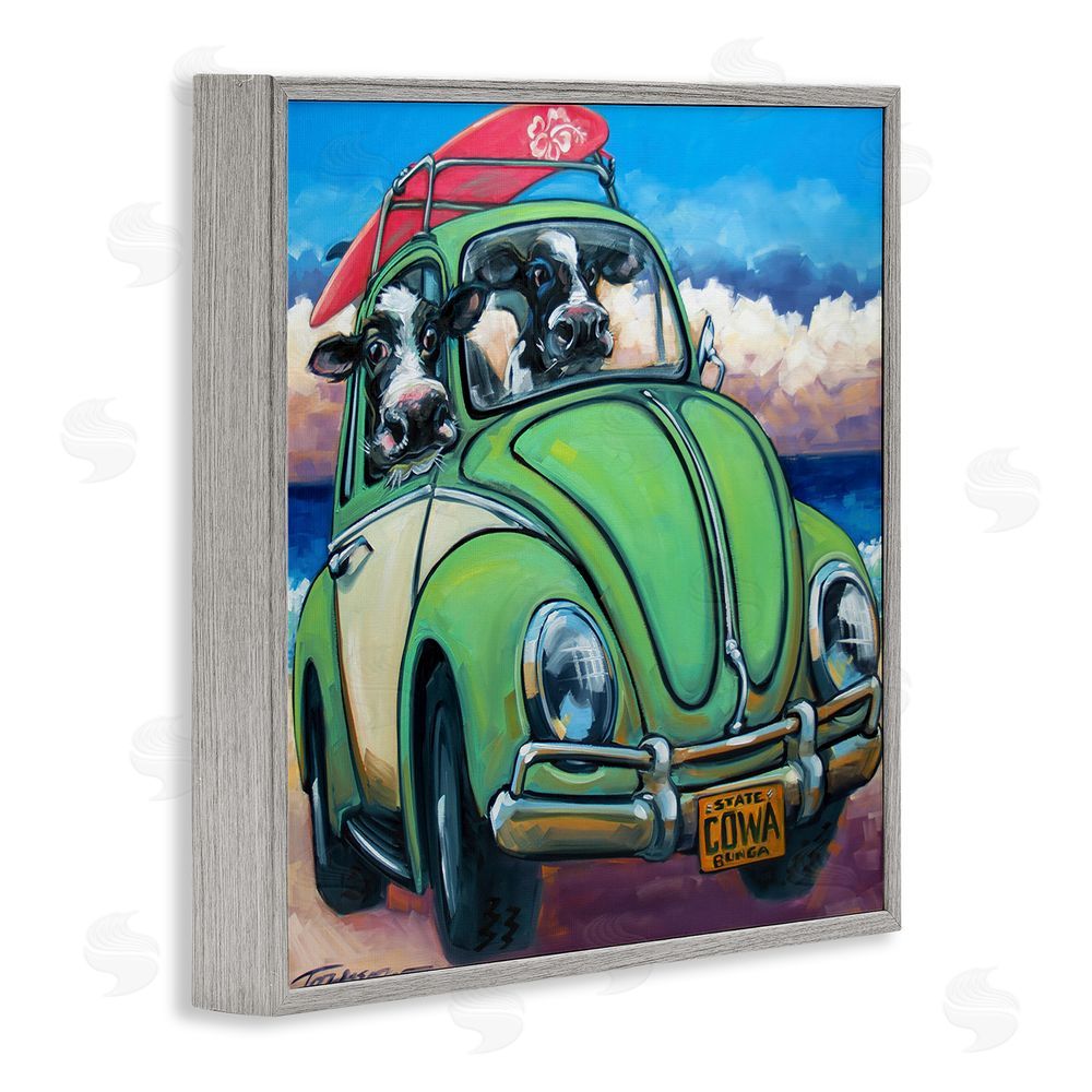 CR Townsend Cowabunga Surfer Cows Gray Framed Giclee Wall Art Print