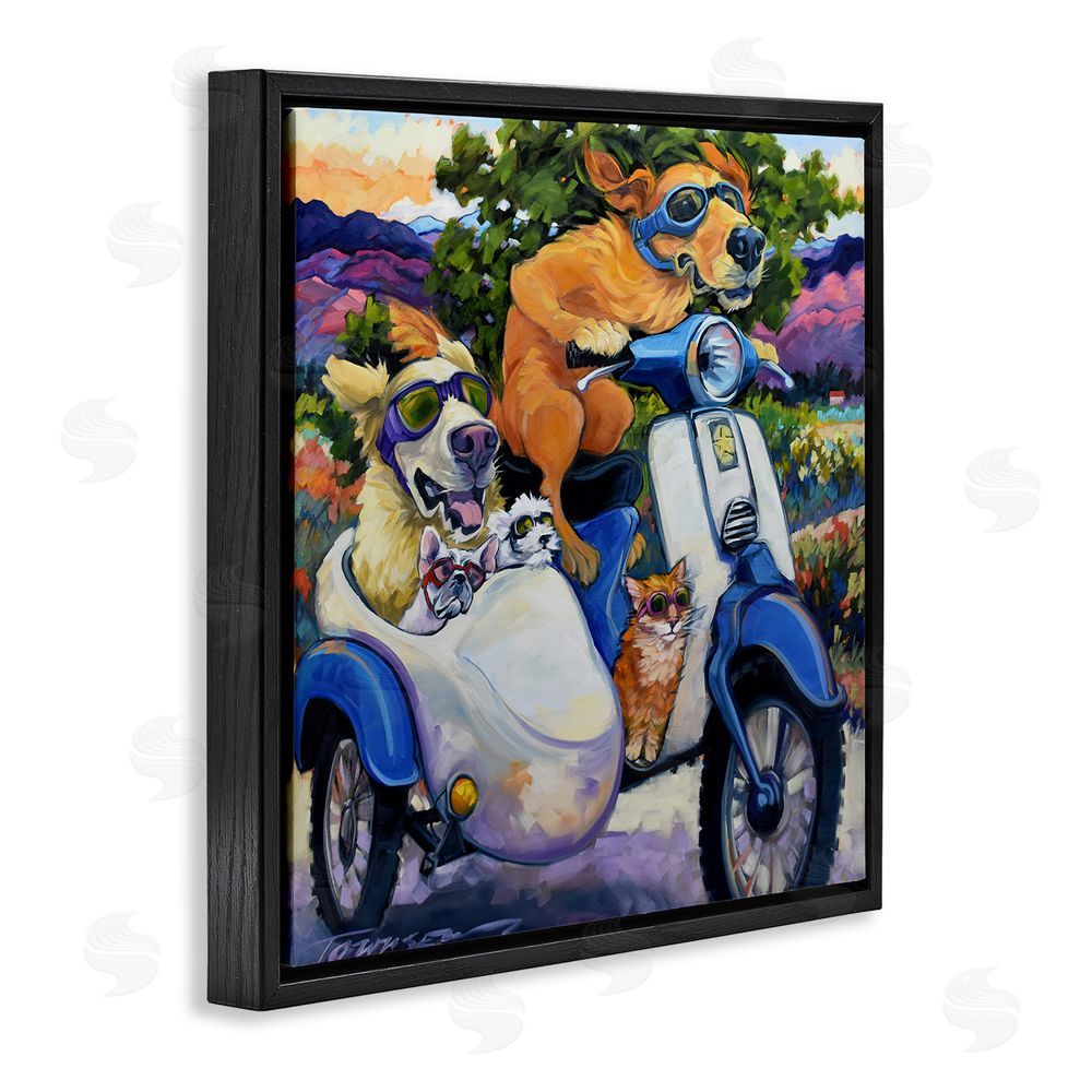 CR Townsend All Doggled Up Sidecar Black Floating Frame Stretched Canvas Wall Art Print