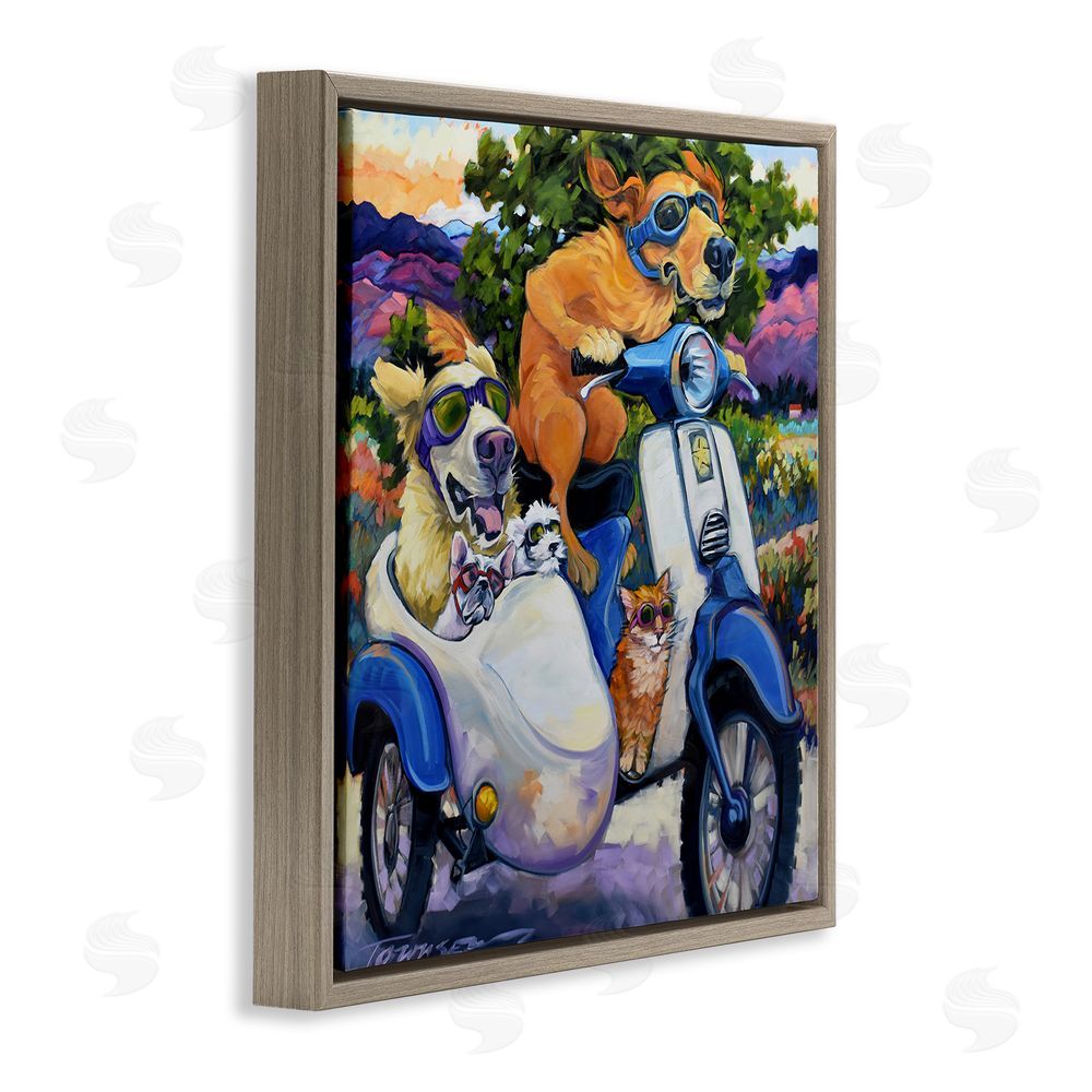 CR Townsend All Doggled Up Sidecar Brown Floating Frame Stretched Canvas Wall Art Print