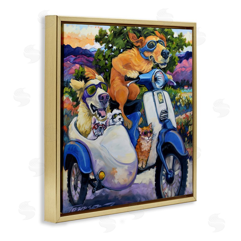 CR Townsend All Doggled Up Sidecar Gold Floating Frame Stretched Canvas Wall Art Print