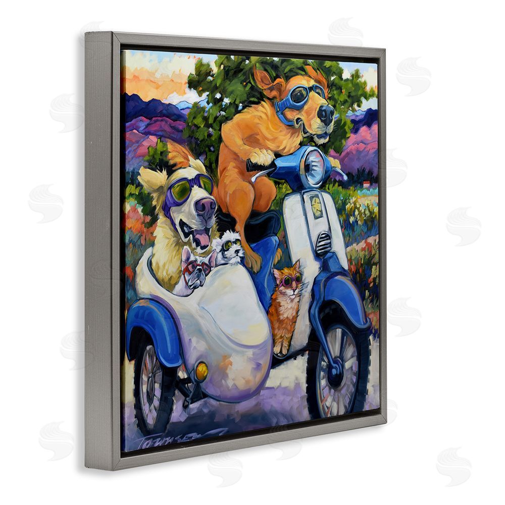 CR Townsend All Doggled Up Sidecar Gray Floating Frame Stretched Canvas Wall Art Print