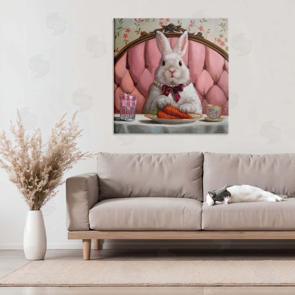 Lucia Heffernan Bun Appetit Rabbit Dining Stretched Canvas Wall Art Print in Room