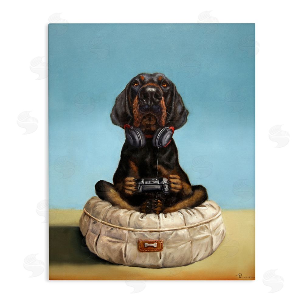 Lucia Heffernan Game Boy Playing Dog Stretched Canvas Wall Art