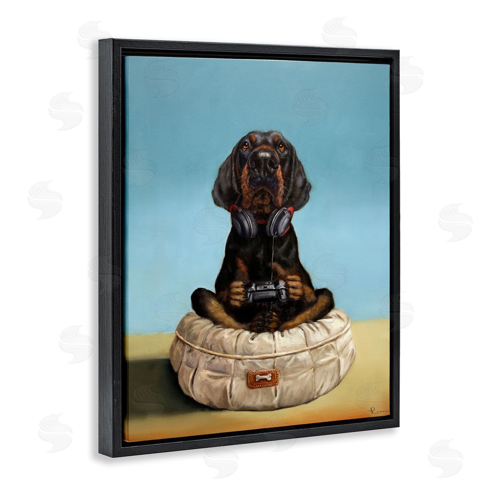 Lucia Heffernan Game Boy Playing Dog Black Floating Framed Canvas Wall Art