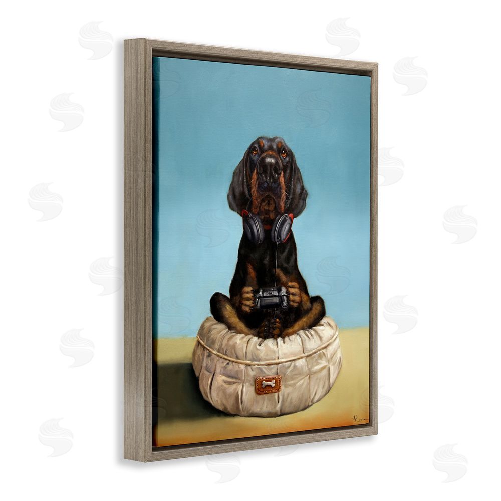 Lucia Heffernan Game Boy Playing Dog Brown Floating Framed Canvas Wall Art