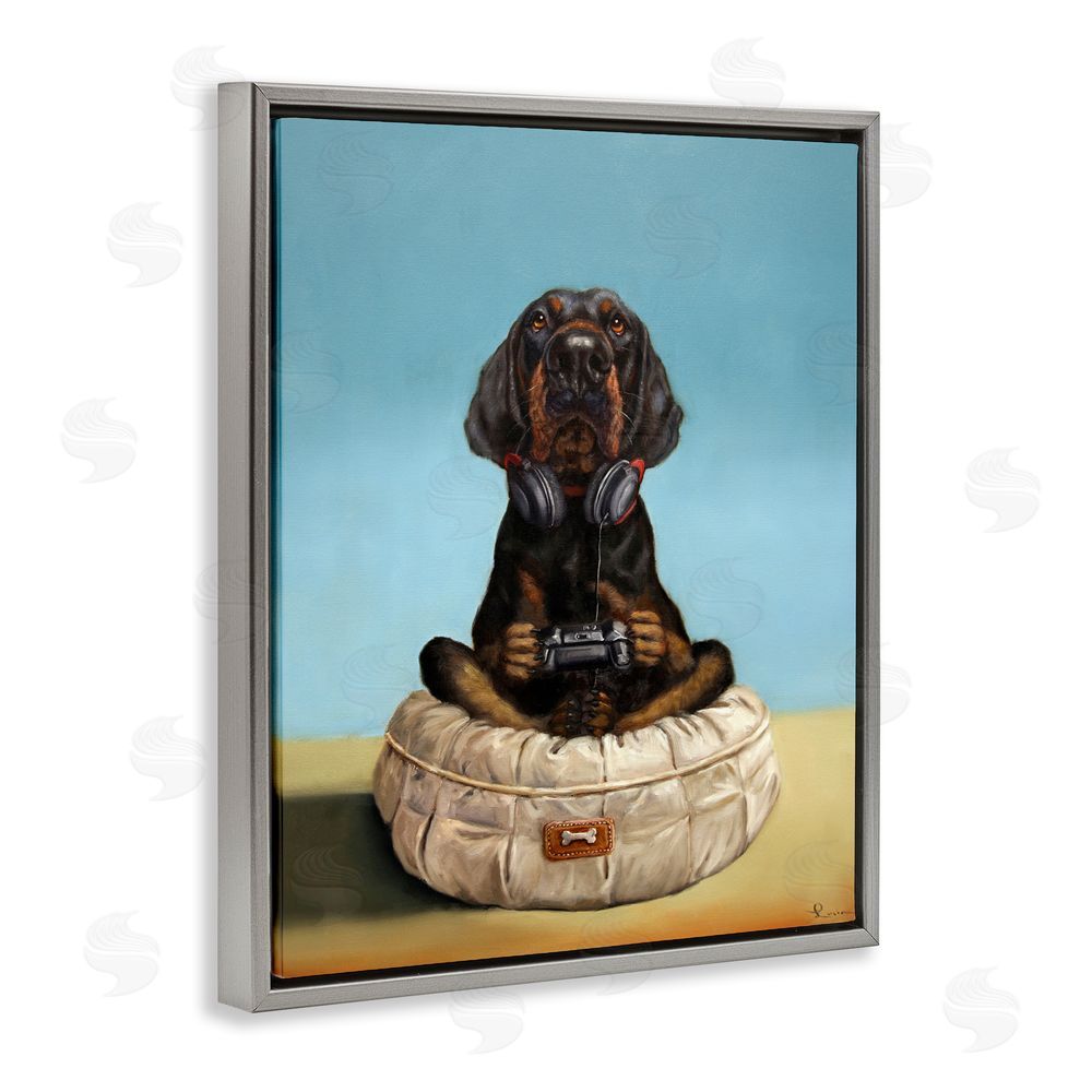 Lucia Heffernan Game Boy Playing Dog Gray Floating Framed Canvas Wall Art