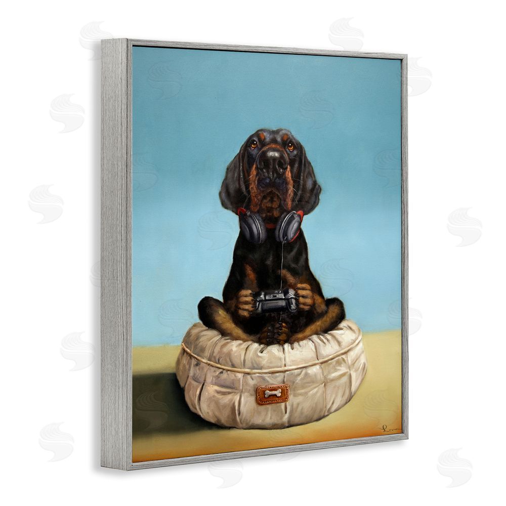 Lucia Heffernan Game Boy Playing Dog Gray Framed Giclee Wall Art